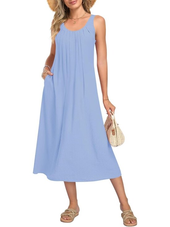 Dresses & Skirts - Women's Sky Blue Summer Maxi Dress Sleeveless Back Hollow Out Long Beach Dress